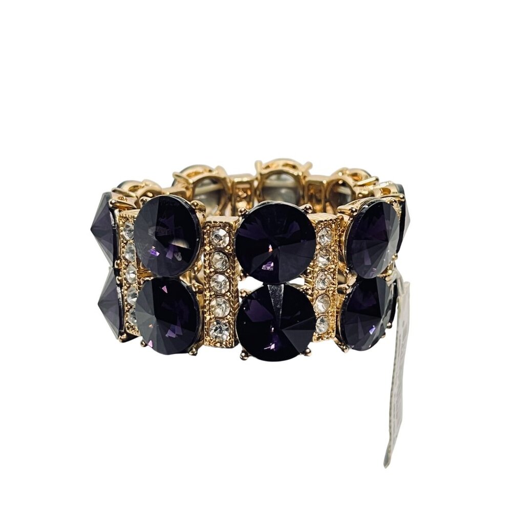 Gold Tone Clear Rhinestone And Purple Rivoli Stretch Bracelet (6243) - Picture 6 of 7